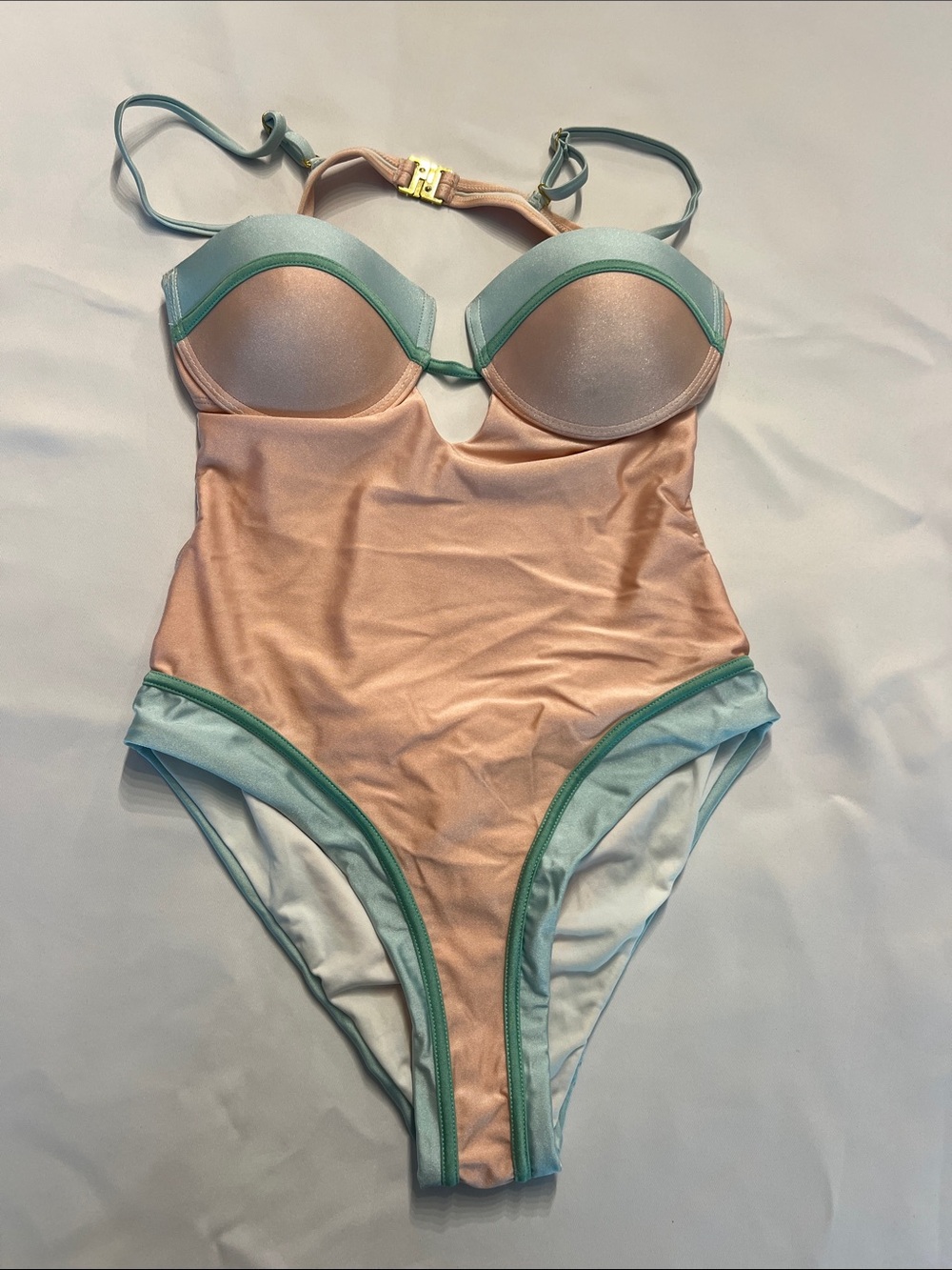 Peach & Mint Colorblock One-Piece Swimsuit, Like New, Fashion Nova, Size Med